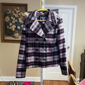 VS pink heavy Women's Plaid Pea Coat with Faux Fur Collar